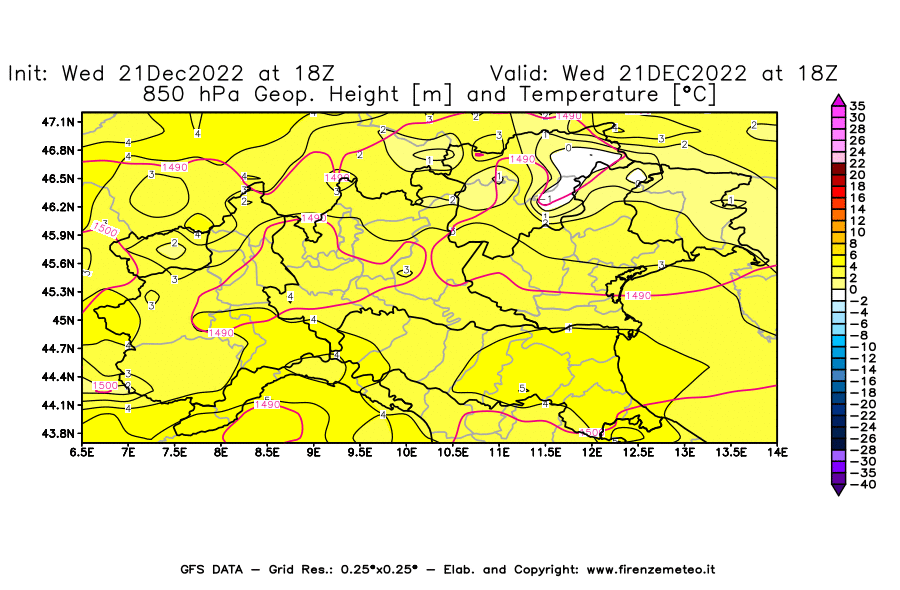 Mappa di analisi GFS - Geopotenziale [m] e Temperatura [°C] a 850 hPa in Nord-Italia
							del 21/12/2022 18 <!--googleoff: index-->UTC<!--googleon: index-->