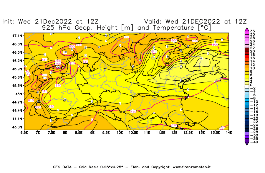 Mappa di analisi GFS - Geopotenziale [m] e Temperatura [°C] a 925 hPa in Nord-Italia
							del 21/12/2022 12 <!--googleoff: index-->UTC<!--googleon: index-->