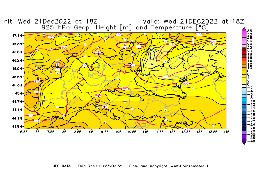 Mappa di analisi GFS - Geopotenziale [m] e Temperatura [°C] a 925 hPa in Nord-Italia
							del 21/12/2022 18 <!--googleoff: index-->UTC<!--googleon: index-->