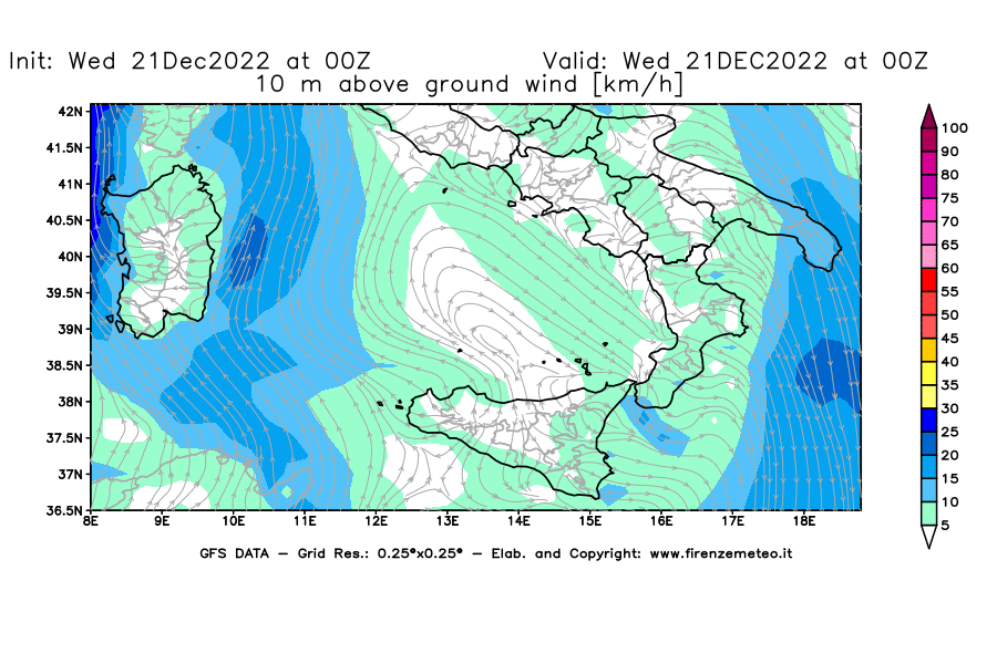 Mappa di analisi GFS - Velocità del vento a 10 metri dal suolo [km/h] in Sud-Italia
							del 21/12/2022 00 <!--googleoff: index-->UTC<!--googleon: index-->