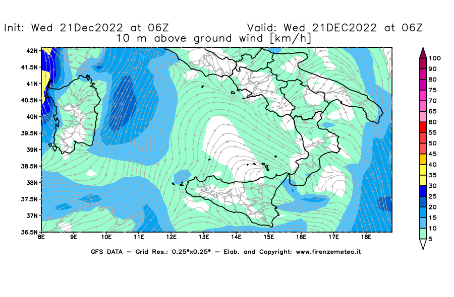 Mappa di analisi GFS - Velocità del vento a 10 metri dal suolo [km/h] in Sud-Italia
							del 21/12/2022 06 <!--googleoff: index-->UTC<!--googleon: index-->