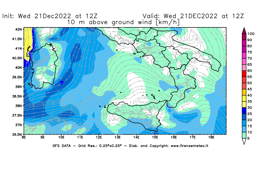 Mappa di analisi GFS - Velocità del vento a 10 metri dal suolo [km/h] in Sud-Italia
							del 21/12/2022 12 <!--googleoff: index-->UTC<!--googleon: index-->
