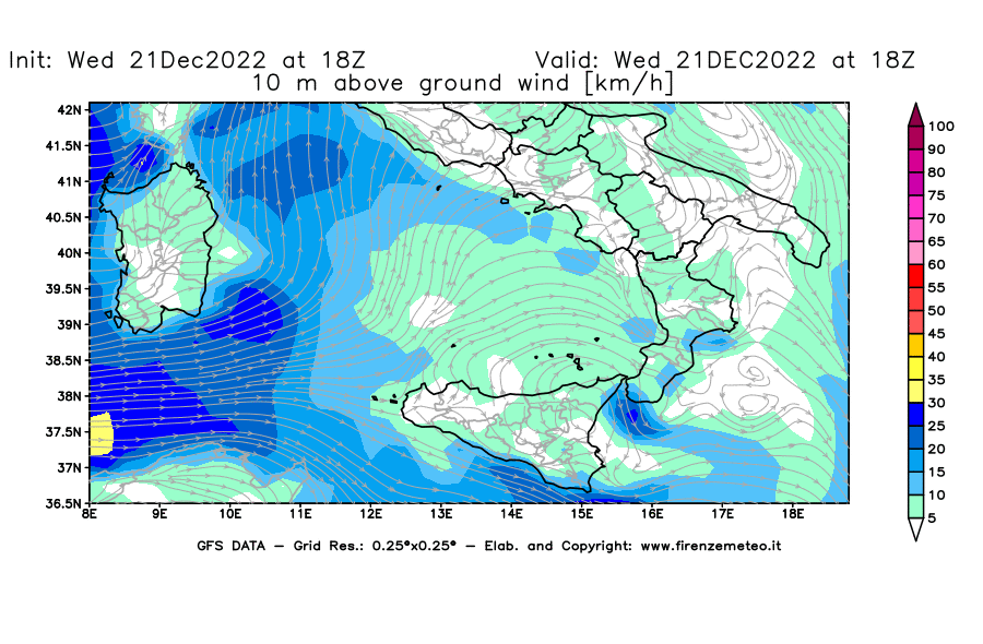 Mappa di analisi GFS - Velocità del vento a 10 metri dal suolo [km/h] in Sud-Italia
							del 21/12/2022 18 <!--googleoff: index-->UTC<!--googleon: index-->