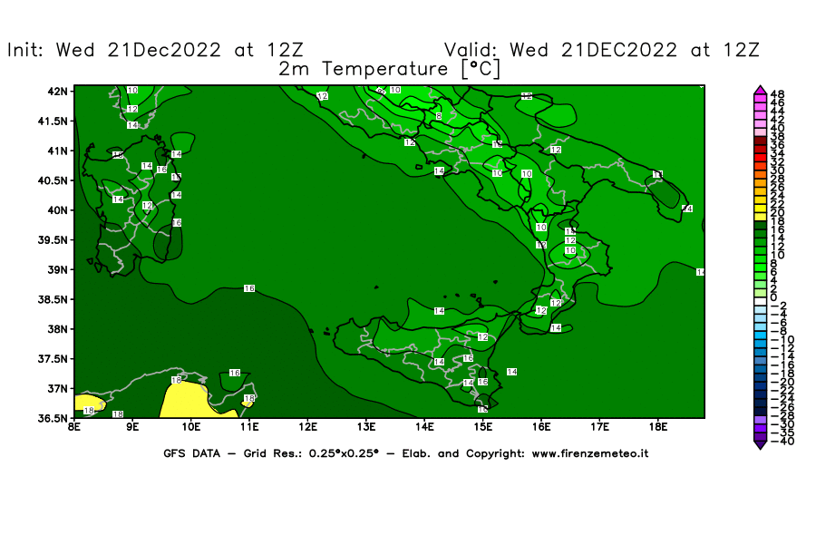 Mappa di analisi GFS - Temperatura a 2 metri dal suolo [°C] in Sud-Italia
							del 21/12/2022 12 <!--googleoff: index-->UTC<!--googleon: index-->