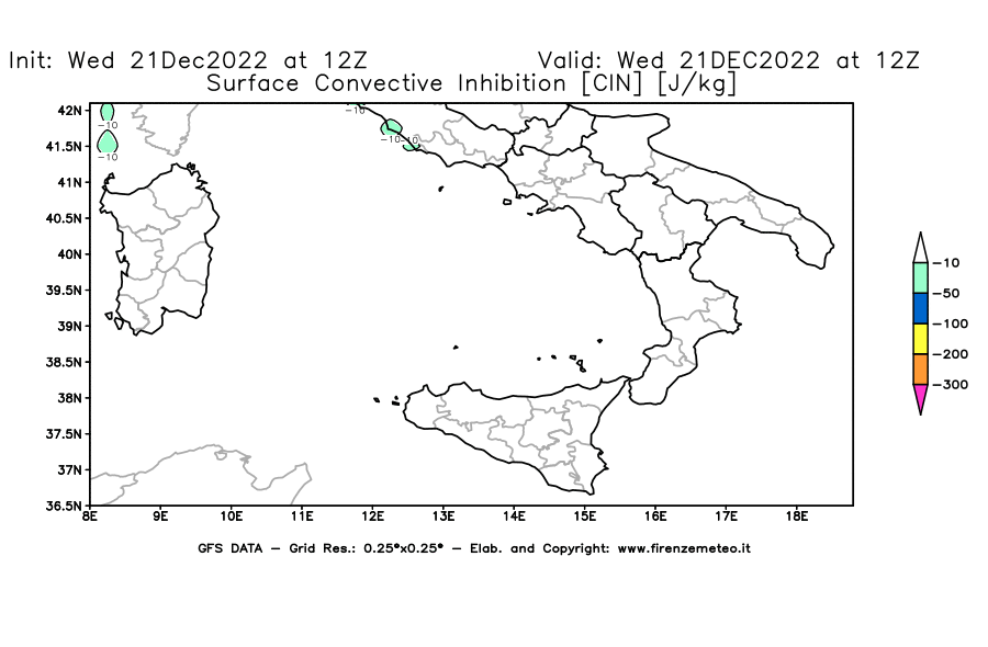Mappa di analisi GFS - CIN [J/kg] in Sud-Italia
							del 21/12/2022 12 <!--googleoff: index-->UTC<!--googleon: index-->