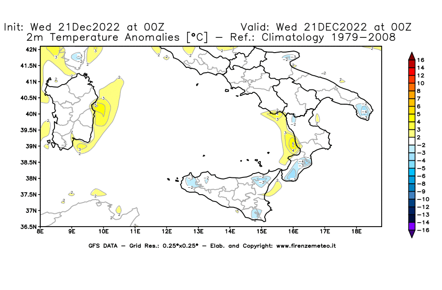 Mappa di analisi GFS - Anomalia Temperatura [°C] a 2 m in Sud-Italia
							del 21/12/2022 00 <!--googleoff: index-->UTC<!--googleon: index-->