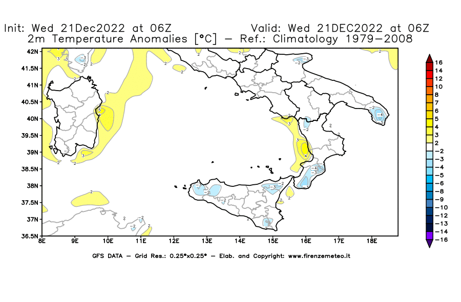 Mappa di analisi GFS - Anomalia Temperatura [°C] a 2 m in Sud-Italia
							del 21/12/2022 06 <!--googleoff: index-->UTC<!--googleon: index-->