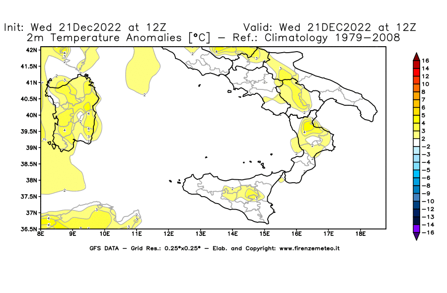 Mappa di analisi GFS - Anomalia Temperatura [°C] a 2 m in Sud-Italia
							del 21/12/2022 12 <!--googleoff: index-->UTC<!--googleon: index-->