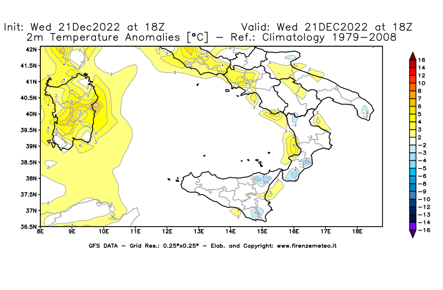 Mappa di analisi GFS - Anomalia Temperatura [°C] a 2 m in Sud-Italia
							del 21/12/2022 18 <!--googleoff: index-->UTC<!--googleon: index-->