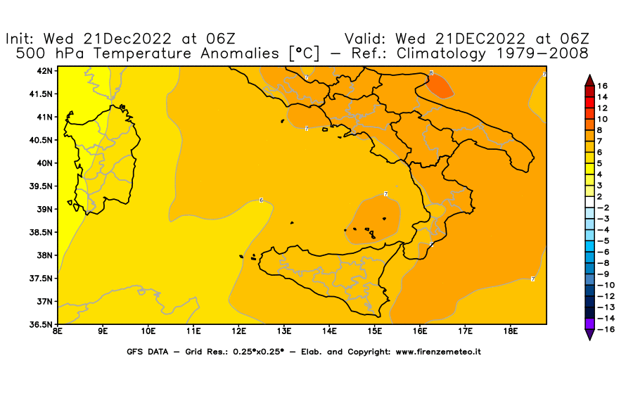 Mappa di analisi GFS - Anomalia Temperatura [°C] a 500 hPa in Sud-Italia
							del 21/12/2022 06 <!--googleoff: index-->UTC<!--googleon: index-->