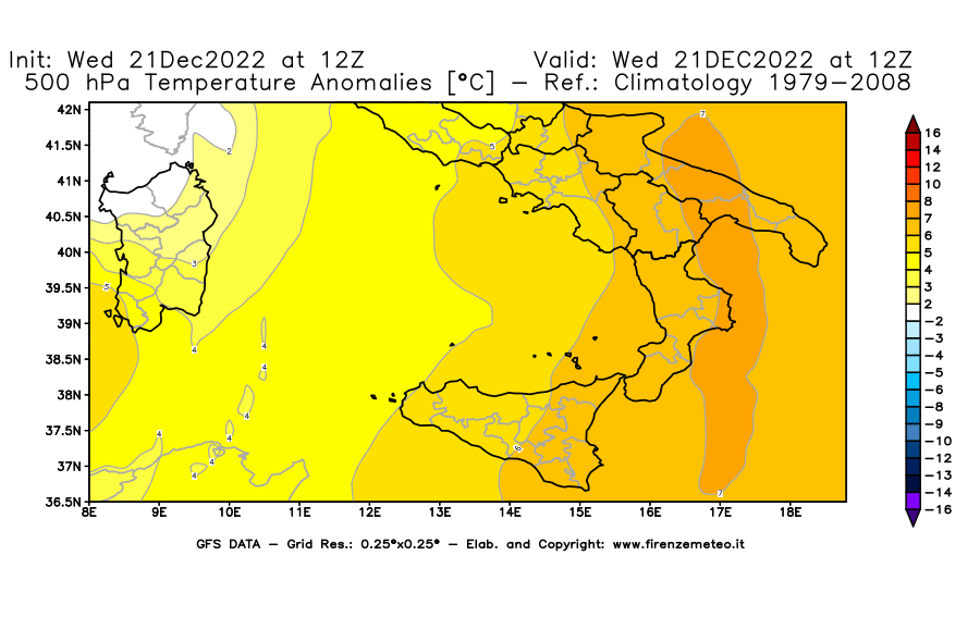 Mappa di analisi GFS - Anomalia Temperatura [°C] a 500 hPa in Sud-Italia
							del 21/12/2022 12 <!--googleoff: index-->UTC<!--googleon: index-->