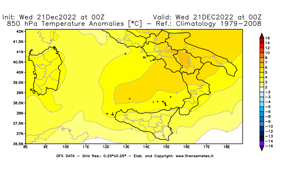 Mappa di analisi GFS - Anomalia Temperatura [°C] a 850 hPa in Sud-Italia
							del 21/12/2022 00 <!--googleoff: index-->UTC<!--googleon: index-->