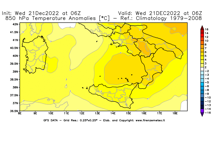 Mappa di analisi GFS - Anomalia Temperatura [°C] a 850 hPa in Sud-Italia
							del 21/12/2022 06 <!--googleoff: index-->UTC<!--googleon: index-->