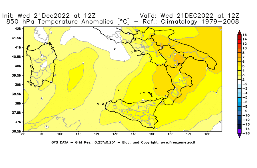 Mappa di analisi GFS - Anomalia Temperatura [°C] a 850 hPa in Sud-Italia
							del 21/12/2022 12 <!--googleoff: index-->UTC<!--googleon: index-->