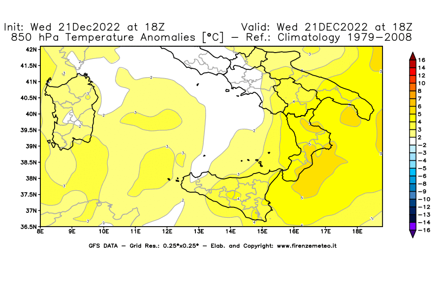 Mappa di analisi GFS - Anomalia Temperatura [°C] a 850 hPa in Sud-Italia
							del 21/12/2022 18 <!--googleoff: index-->UTC<!--googleon: index-->