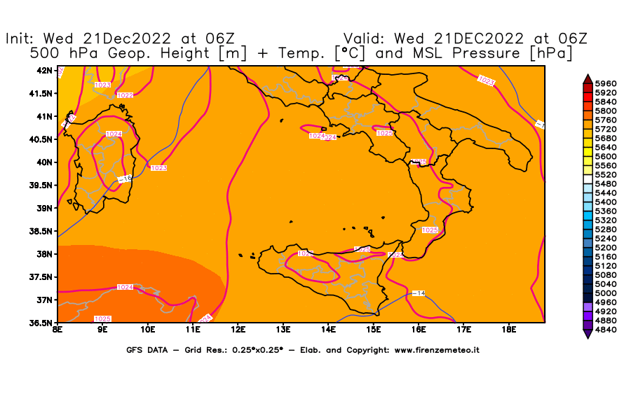 Mappa di analisi GFS - Geopotenziale [m] + Temp. [°C] a 500 hPa + Press. a livello del mare [hPa] in Sud-Italia
							del 21/12/2022 06 <!--googleoff: index-->UTC<!--googleon: index-->