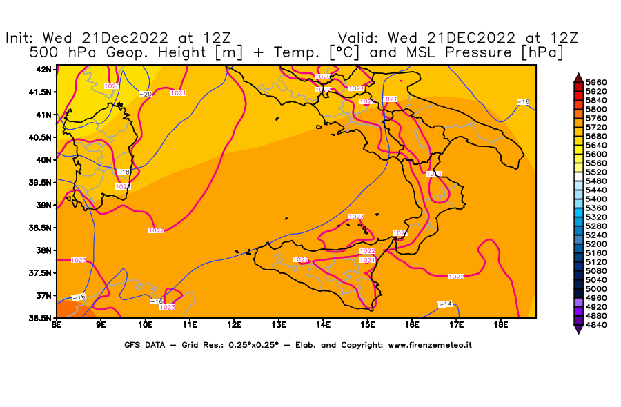 Mappa di analisi GFS - Geopotenziale [m] + Temp. [°C] a 500 hPa + Press. a livello del mare [hPa] in Sud-Italia
							del 21/12/2022 12 <!--googleoff: index-->UTC<!--googleon: index-->