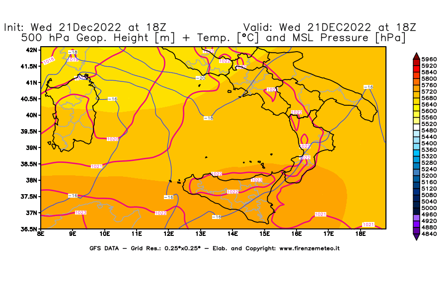 Mappa di analisi GFS - Geopotenziale [m] + Temp. [°C] a 500 hPa + Press. a livello del mare [hPa] in Sud-Italia
							del 21/12/2022 18 <!--googleoff: index-->UTC<!--googleon: index-->