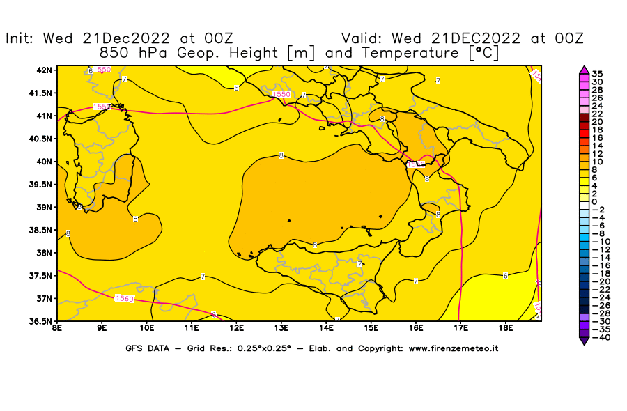 Mappa di analisi GFS - Geopotenziale [m] e Temperatura [°C] a 850 hPa in Sud-Italia
							del 21/12/2022 00 <!--googleoff: index-->UTC<!--googleon: index-->