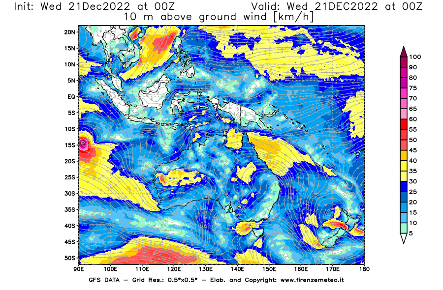 Mappa di analisi GFS - Velocità del vento a 10 metri dal suolo [km/h] in Oceania
							del 21/12/2022 00 <!--googleoff: index-->UTC<!--googleon: index-->
