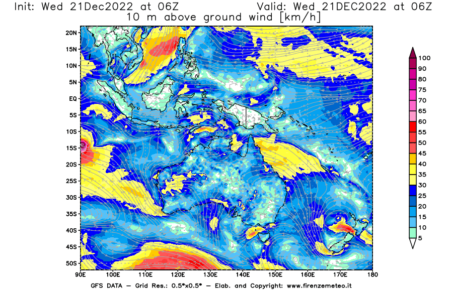 Mappa di analisi GFS - Velocità del vento a 10 metri dal suolo [km/h] in Oceania
							del 21/12/2022 06 <!--googleoff: index-->UTC<!--googleon: index-->