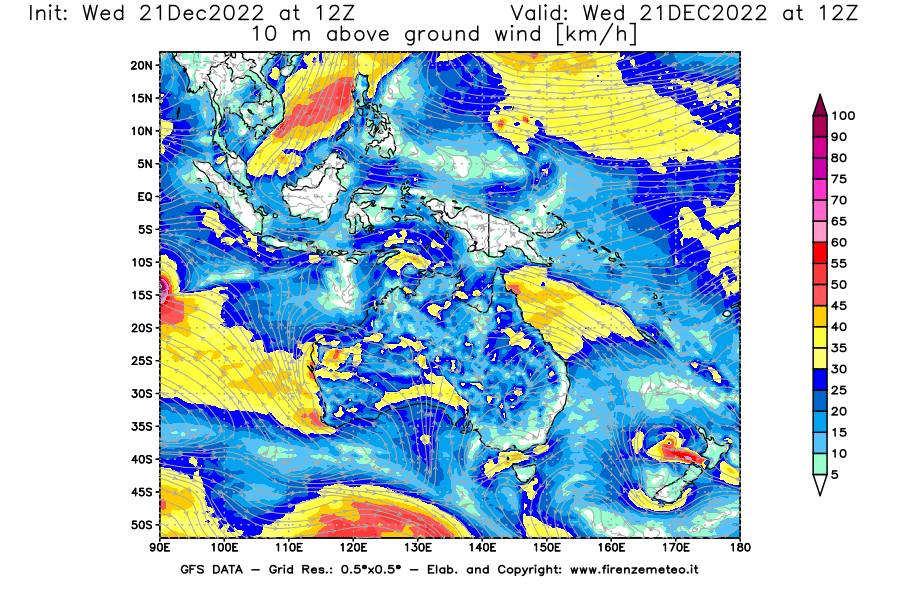 Mappa di analisi GFS - Velocità del vento a 10 metri dal suolo [km/h] in Oceania
							del 21/12/2022 12 <!--googleoff: index-->UTC<!--googleon: index-->