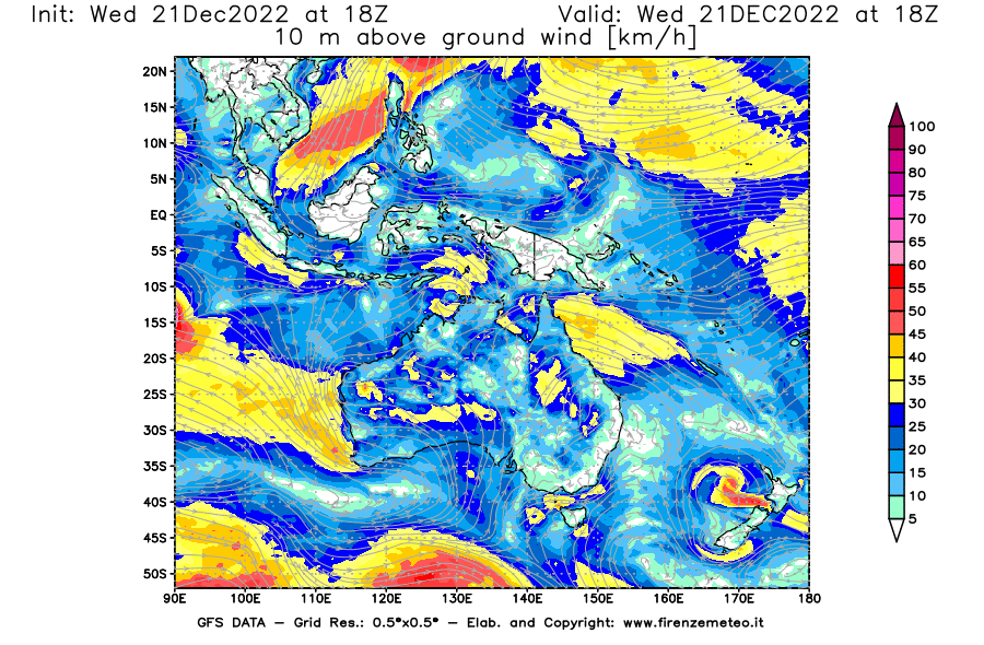 Mappa di analisi GFS - Velocità del vento a 10 metri dal suolo [km/h] in Oceania
							del 21/12/2022 18 <!--googleoff: index-->UTC<!--googleon: index-->