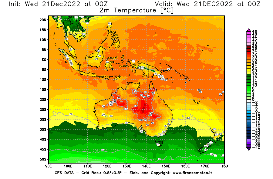 Mappa di analisi GFS - Temperatura a 2 metri dal suolo [°C] in Oceania
							del 21/12/2022 00 <!--googleoff: index-->UTC<!--googleon: index-->