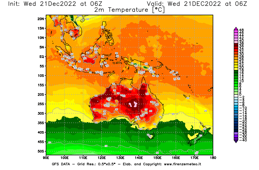 Mappa di analisi GFS - Temperatura a 2 metri dal suolo [°C] in Oceania
							del 21/12/2022 06 <!--googleoff: index-->UTC<!--googleon: index-->