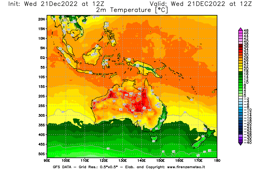 Mappa di analisi GFS - Temperatura a 2 metri dal suolo [°C] in Oceania
							del 21/12/2022 12 <!--googleoff: index-->UTC<!--googleon: index-->