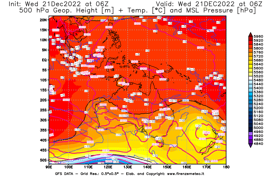 Mappa di analisi GFS - Geopotenziale [m] + Temp. [°C] a 500 hPa + Press. a livello del mare [hPa] in Oceania
							del 21/12/2022 06 <!--googleoff: index-->UTC<!--googleon: index-->