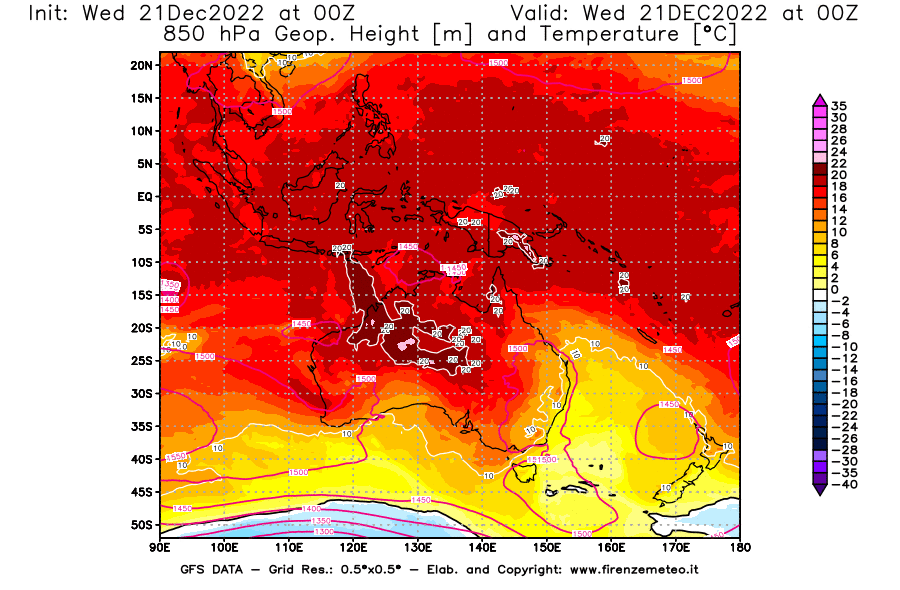 Mappa di analisi GFS - Geopotenziale [m] e Temperatura [°C] a 850 hPa in Oceania
							del 21/12/2022 00 <!--googleoff: index-->UTC<!--googleon: index-->