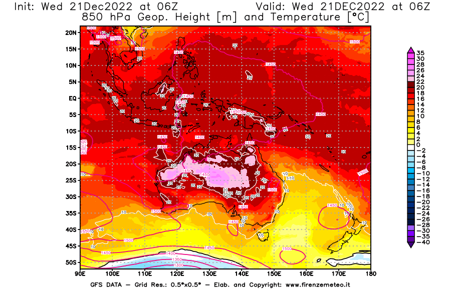 Mappa di analisi GFS - Geopotenziale [m] e Temperatura [°C] a 850 hPa in Oceania
							del 21/12/2022 06 <!--googleoff: index-->UTC<!--googleon: index-->