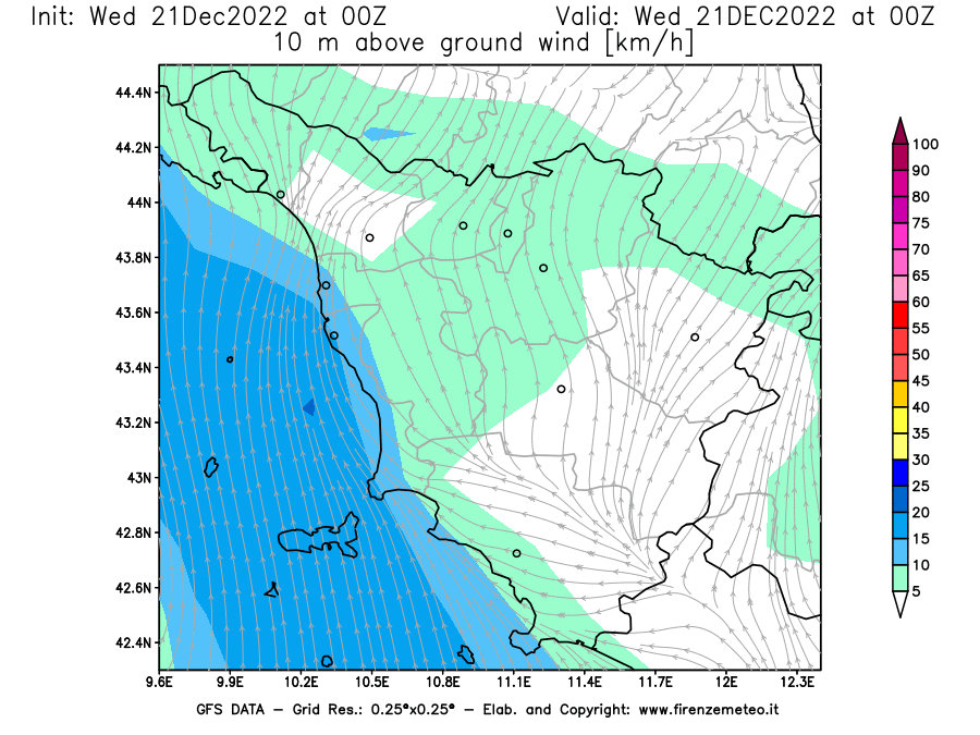 Mappa di analisi GFS - Velocità del vento a 10 metri dal suolo [km/h] in Toscana
							del 21/12/2022 00 <!--googleoff: index-->UTC<!--googleon: index-->