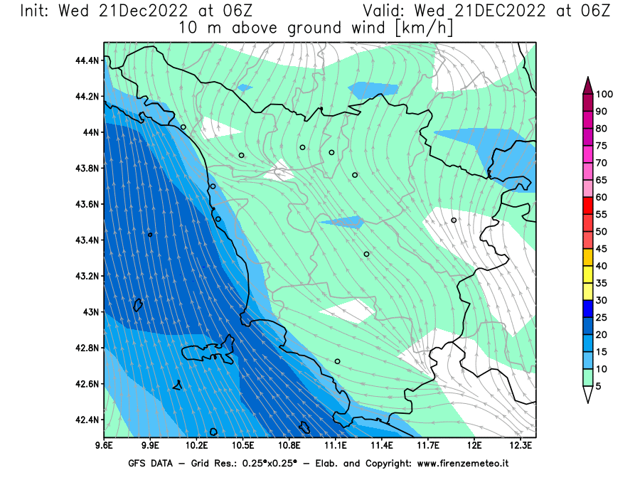 Mappa di analisi GFS - Velocità del vento a 10 metri dal suolo [km/h] in Toscana
							del 21/12/2022 06 <!--googleoff: index-->UTC<!--googleon: index-->