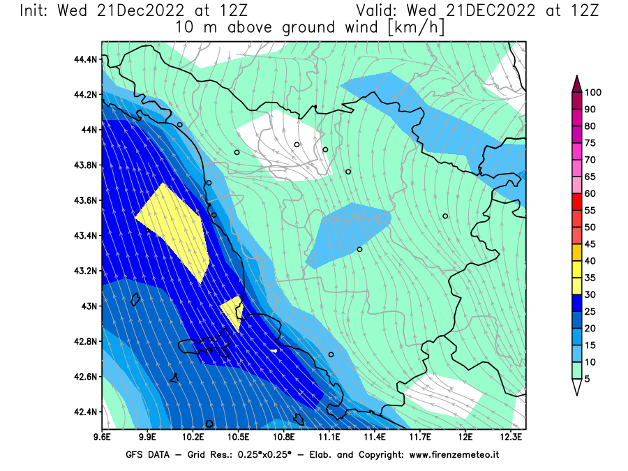 Mappa di analisi GFS - Velocità del vento a 10 metri dal suolo [km/h] in Toscana
							del 21/12/2022 12 <!--googleoff: index-->UTC<!--googleon: index-->