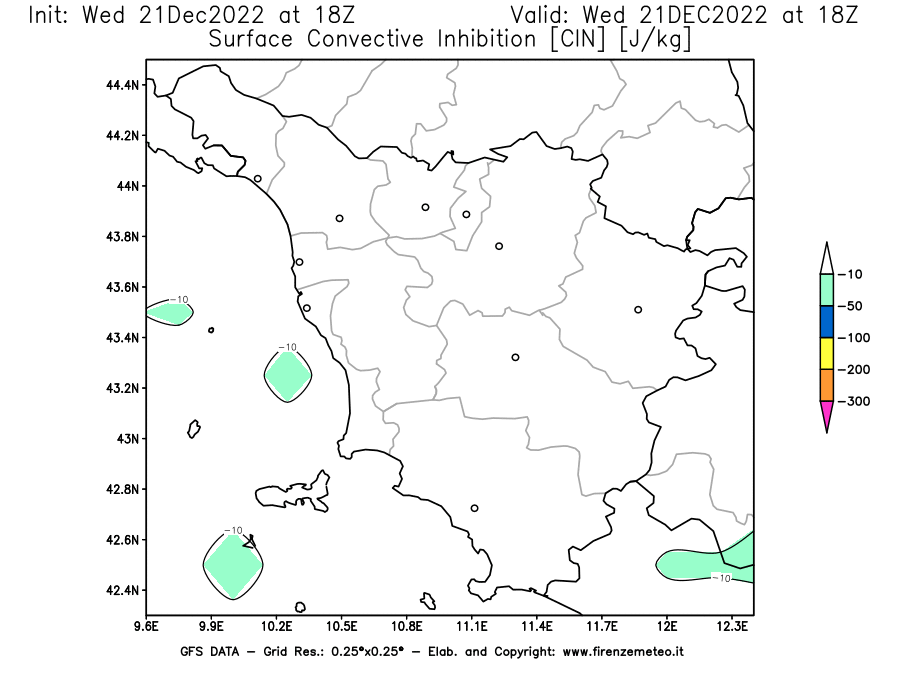Mappa di analisi GFS - CIN [J/kg] in Toscana
							del 21/12/2022 18 <!--googleoff: index-->UTC<!--googleon: index-->