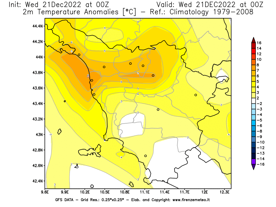 Mappa di analisi GFS - Anomalia Temperatura [°C] a 2 m in Toscana
							del 21/12/2022 00 <!--googleoff: index-->UTC<!--googleon: index-->