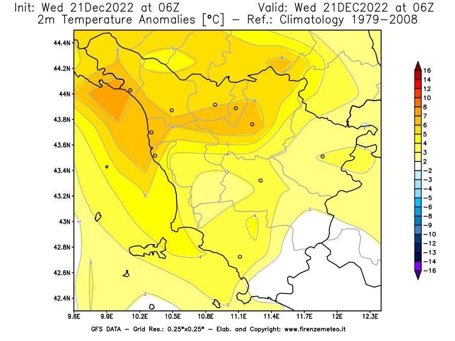 Mappa di analisi GFS - Anomalia Temperatura [°C] a 2 m in Toscana
							del 21/12/2022 06 <!--googleoff: index-->UTC<!--googleon: index-->