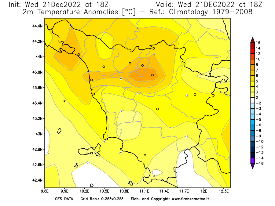 Mappa di analisi GFS - Anomalia Temperatura [°C] a 2 m in Toscana
							del 21/12/2022 18 <!--googleoff: index-->UTC<!--googleon: index-->