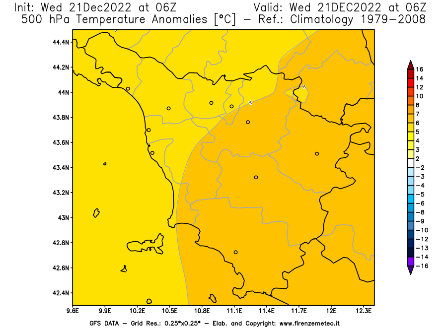 Mappa di analisi GFS - Anomalia Temperatura [°C] a 500 hPa in Toscana
							del 21/12/2022 06 <!--googleoff: index-->UTC<!--googleon: index-->