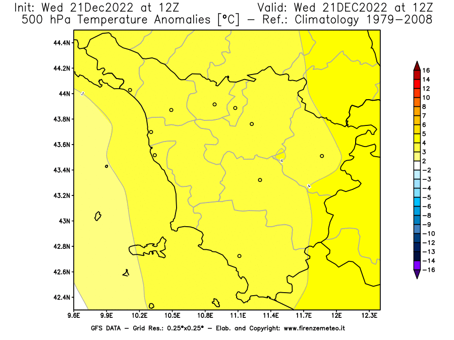 Mappa di analisi GFS - Anomalia Temperatura [°C] a 500 hPa in Toscana
							del 21/12/2022 12 <!--googleoff: index-->UTC<!--googleon: index-->