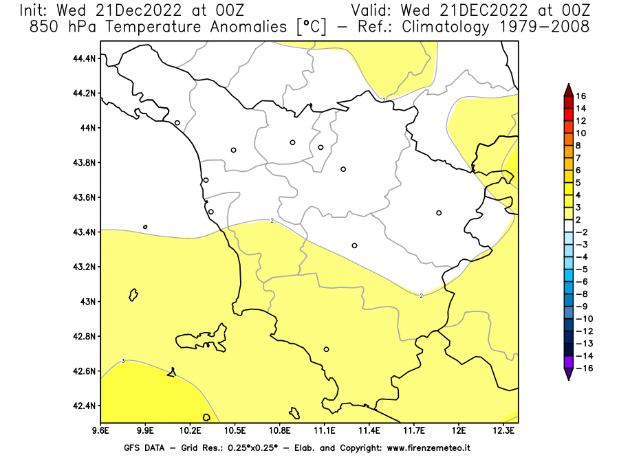 Mappa di analisi GFS - Anomalia Temperatura [°C] a 850 hPa in Toscana
							del 21/12/2022 00 <!--googleoff: index-->UTC<!--googleon: index-->