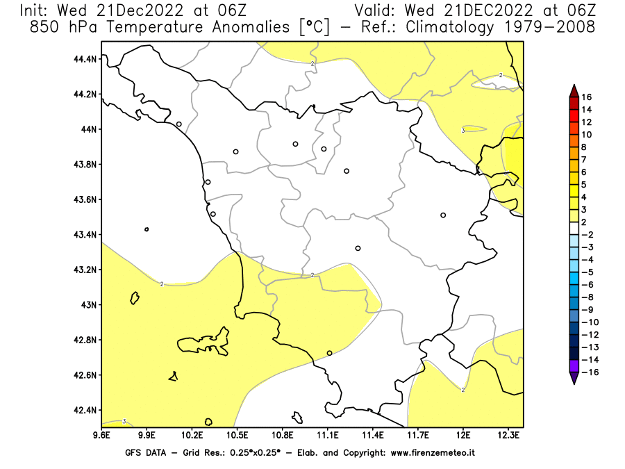 Mappa di analisi GFS - Anomalia Temperatura [°C] a 850 hPa in Toscana
							del 21/12/2022 06 <!--googleoff: index-->UTC<!--googleon: index-->
