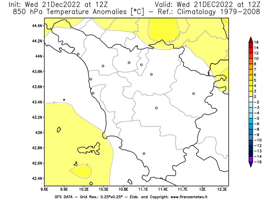 Mappa di analisi GFS - Anomalia Temperatura [°C] a 850 hPa in Toscana
							del 21/12/2022 12 <!--googleoff: index-->UTC<!--googleon: index-->
