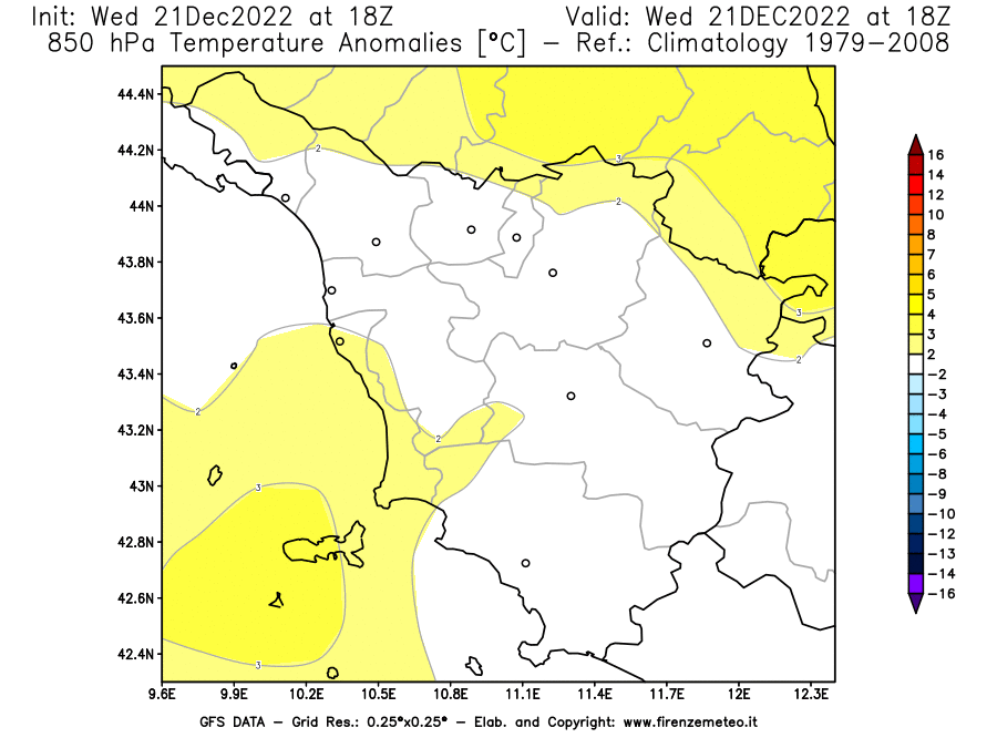 Mappa di analisi GFS - Anomalia Temperatura [°C] a 850 hPa in Toscana
							del 21/12/2022 18 <!--googleoff: index-->UTC<!--googleon: index-->