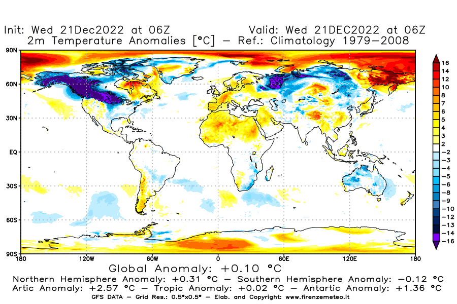 Mappa di analisi GFS - Anomalia Temperatura [°C] a 2 m in World
							del 21/12/2022 06 <!--googleoff: index-->UTC<!--googleon: index-->