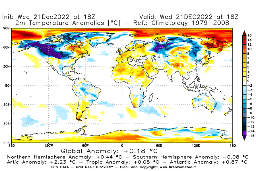 Mappa di analisi GFS - Anomalia Temperatura [°C] a 2 m in World
							del 21/12/2022 18 <!--googleoff: index-->UTC<!--googleon: index-->