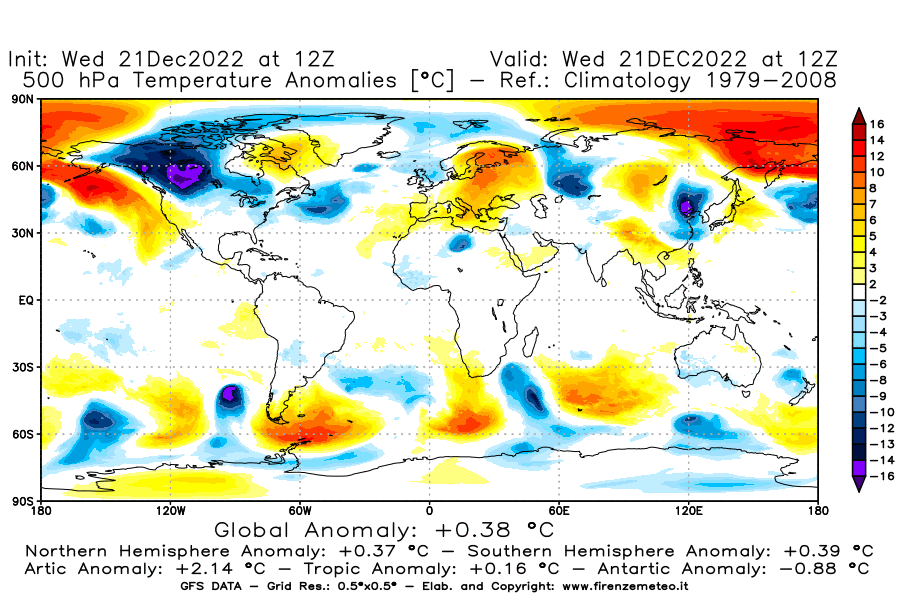 Mappa di analisi GFS - Anomalia Temperatura [°C] a 500 hPa in World
							del 21/12/2022 12 <!--googleoff: index-->UTC<!--googleon: index-->