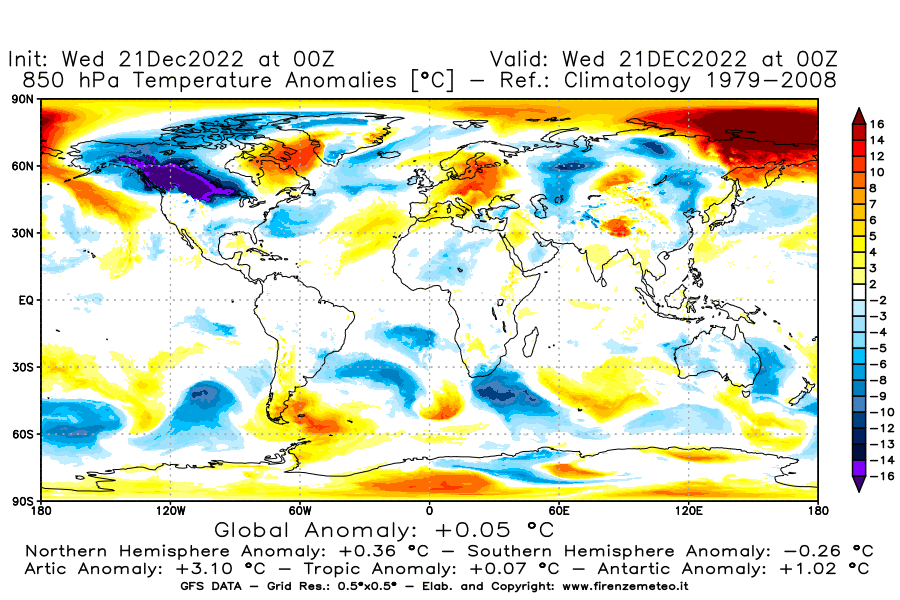 Mappa di analisi GFS - Anomalia Temperatura [°C] a 850 hPa in World
							del 21/12/2022 00 <!--googleoff: index-->UTC<!--googleon: index-->